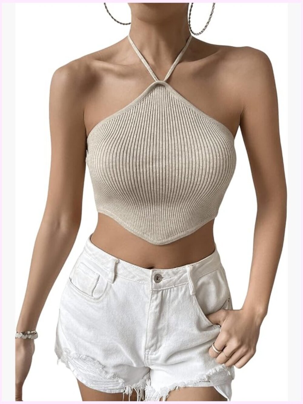 Sleeveless Tie Back Asymmetrical Hem Knitted Halter Cami Crop Top